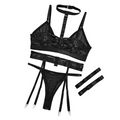House Of Dasein Hot Selling Sexy Lingerie Three Piece Set Halter Motorcycle Gathered And Shaping Leg Straps For Women - Black - L