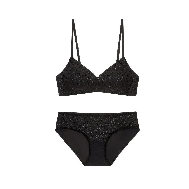 Seamless Women's Invisible Jelly Gel Fixed Cup Small Chest Gathering Soft Support Sexy Deep V Wireless Bra Set - Black - L