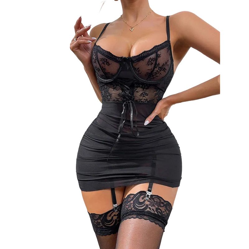 House Of Dasein Lace Sexy Romper Sheer Underwear Bodycon Skirt With Thong And Stockings - S