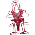 House Of Dasein Bandage Temptation Sex Set Perspective Wave Point Mesh Sexy Bareback Jumpsuit - Wine Red - M