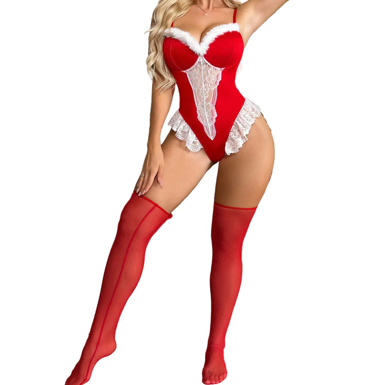 House Of Dasein Christmas Cosplay Uniform White Lace Patchwork With Mesh Stockings Sexy One Piece Lingerie Set - M