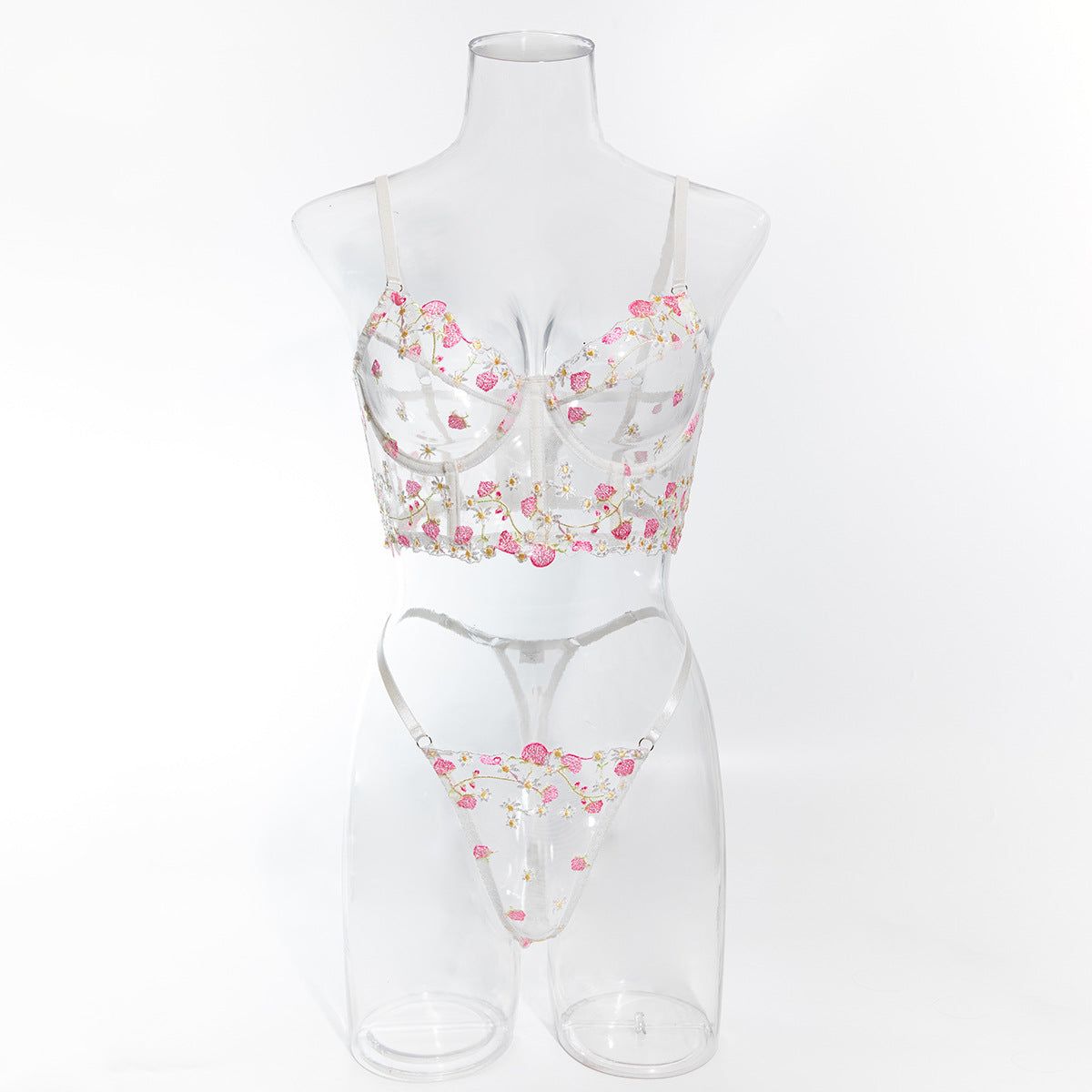 House Of Dasein Sweet Floral Embroidered Boned Camisole And Thong Set For Women's Sexy Hollow Out Lingerie - White - S