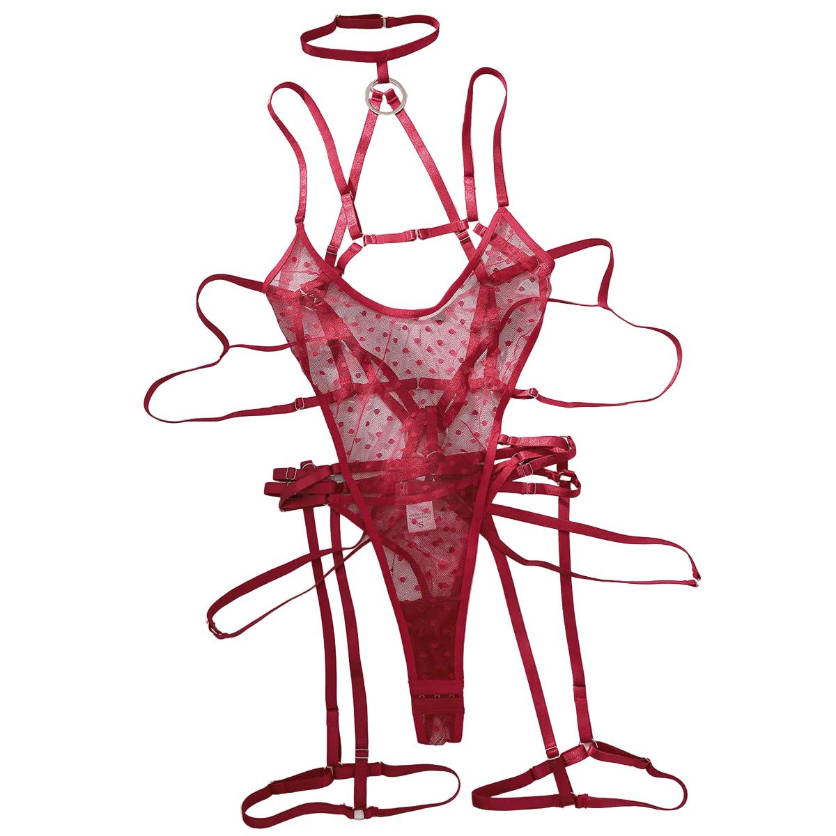House Of Dasein Bandage Temptation Sex Set Perspective Wave Point Mesh Sexy Bareback Jumpsuit - Wine Red - L