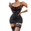 House Of Dasein Lace Sexy Romper Sheer Underwear Bodycon Skirt With Thong And Stockings - M