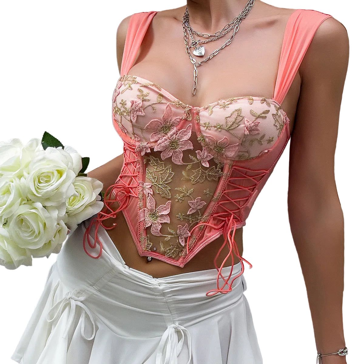 House Of Dasein Cross Border Style Spicy Girl Floral Embroidery Fitted Sexy Bra Corset Lace Up Back Top - Orange Pink - M