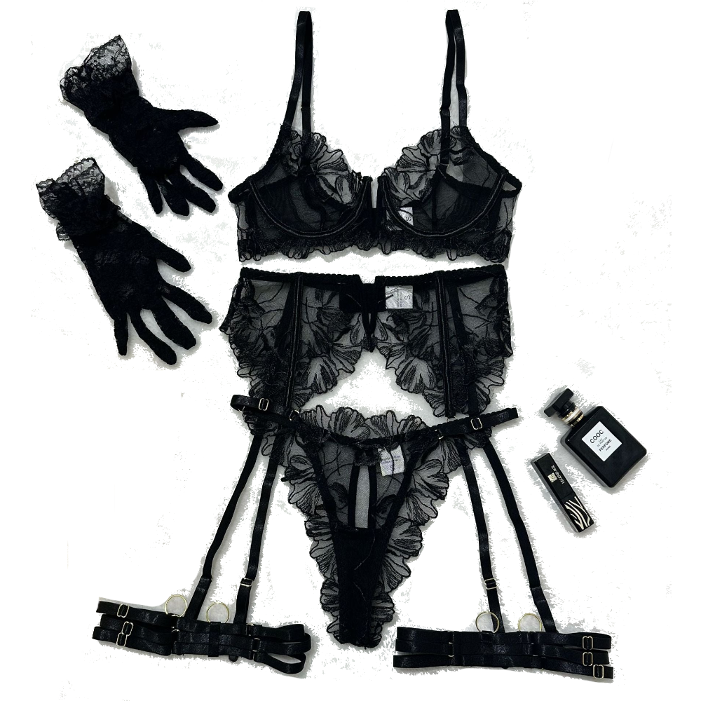 House Of Dasein Lace Hollow Comfortable Sheer Sexy Lingerie Underwear Garter Belt Separated Five Piece Set - Black - M
