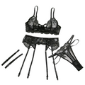 House Of Dasein Sexy Transparent Tempting Embroidered Bra And Garter Belt Four-Piece Set Womens Valentines Day Lingerie - Black - Xl