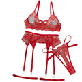 House Of Dasein Sexy Transparent Tempting Embroidered Bra And Garter Belt Four-Piece Set Womens Valentines Day Lingerie - Red - M