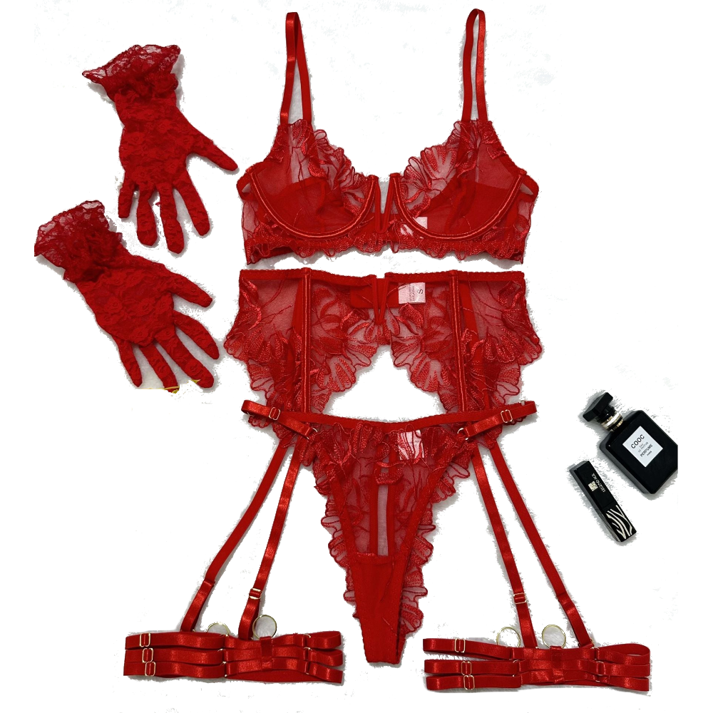 House Of Dasein Lace Hollow Comfortable Sheer Sexy Lingerie Underwear Garter Belt Separated Five Piece Set - Red - L