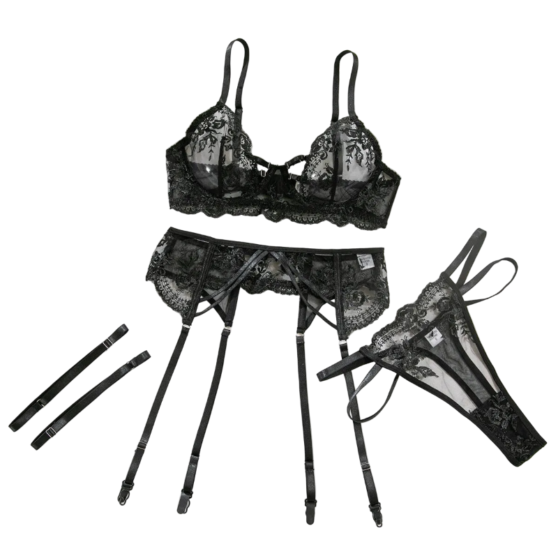 House Of Dasein Sexy Transparent Tempting Embroidered Bra And Garter Belt Four-Piece Set Womens Valentines Day Lingerie - Black - M