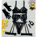 House Of Dasein Lace Hollow Comfortable Sheer Sexy Lingerie Underwear Garter Belt Separated Five Piece Set - Black - L
