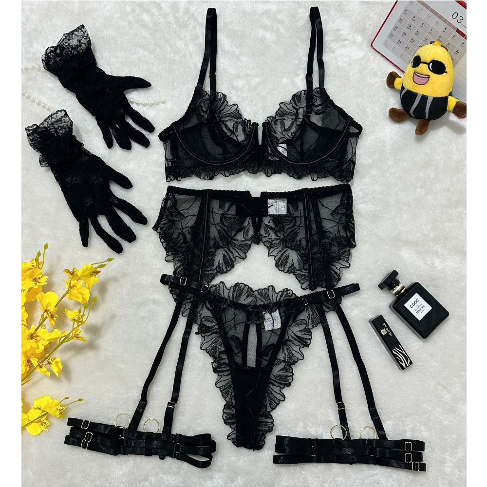 House Of Dasein Lace Hollow Comfortable Sheer Sexy Lingerie Underwear Garter Belt Separated Five Piece Set - Black - S