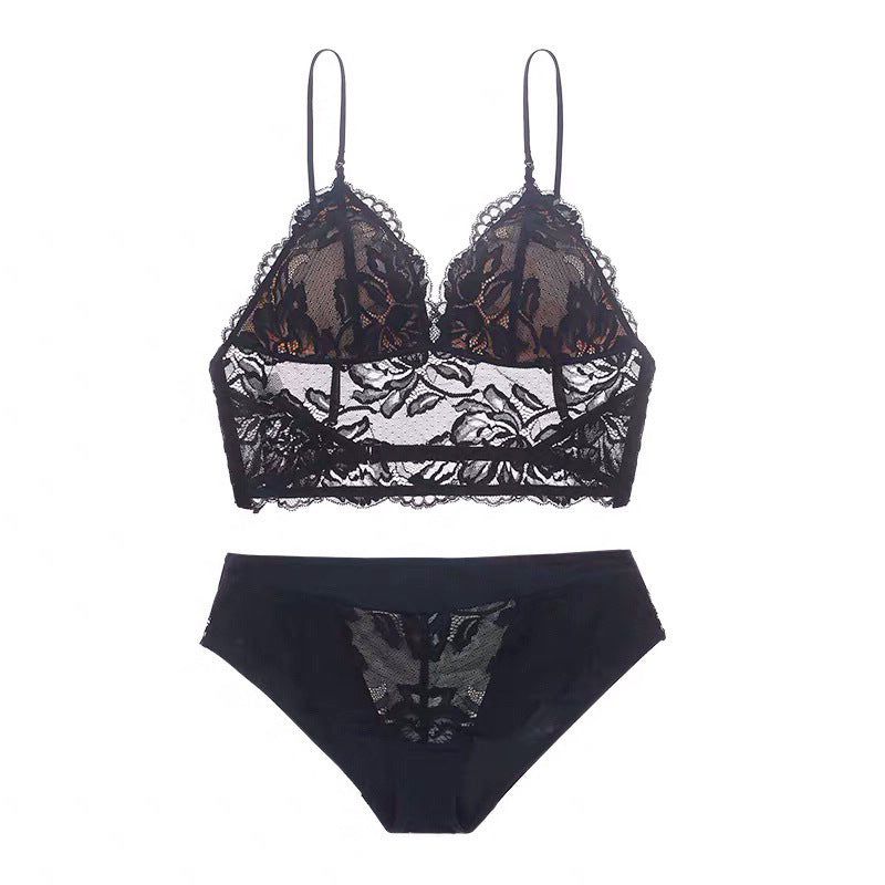 French Sexy Lace Underwear Thin Non Wired Triangle Cup Bra Shape Backless Set - Black - L