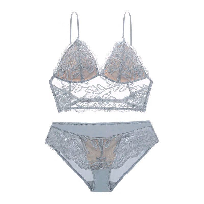 French Sexy Lace Underwear Thin Non Wired Triangle Cup Bra Shape Backless Set - Gray Blue - S