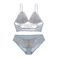 French Sexy Lace Underwear Thin Non Wired Triangle Cup Bra Shape Backless Set - Gray Blue - Xl