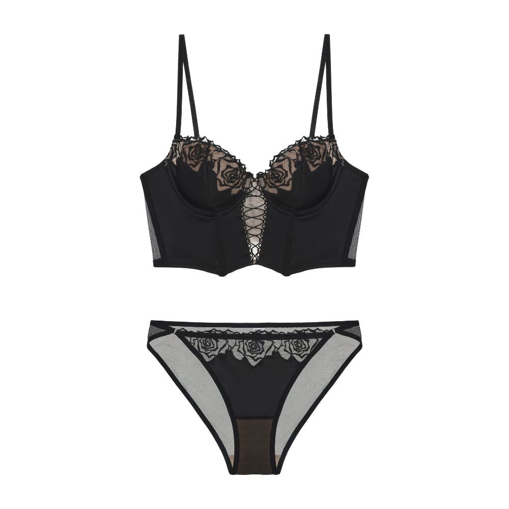 House Of Dasein Women's Rose Boned Corset Vest And American Waist Cinching Underwear Shaping Gathered French Long Slim Bra Set - Audrey Black - L