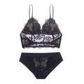 French Sexy Lace Underwear Thin Non Wired Triangle Cup Bra Shape Backless Set - Black - S