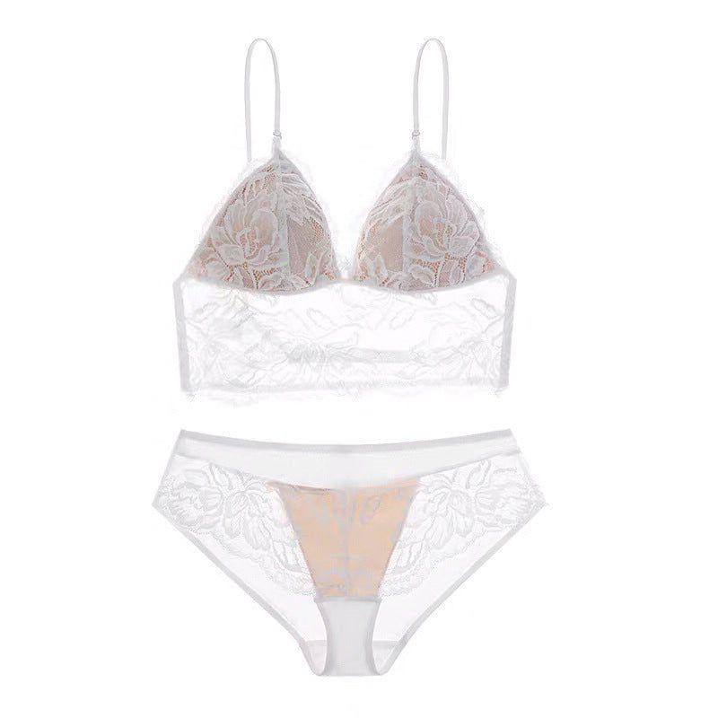 French Sexy Lace Underwear Thin Non Wired Triangle Cup Bra Shape Backless Set - White - Xl