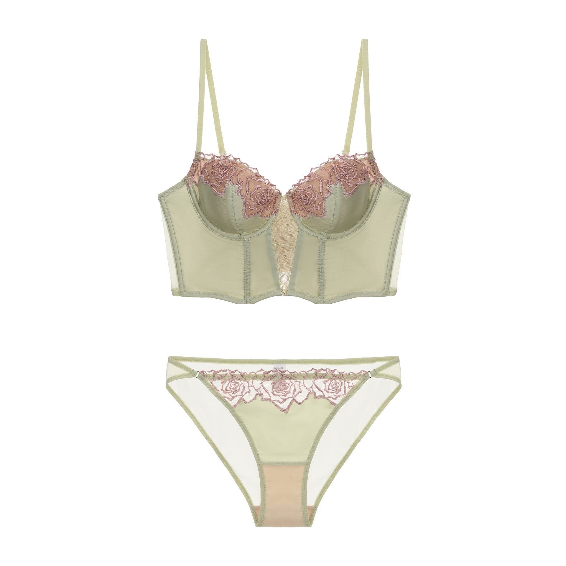 House Of Dasein Women's Rose Boned Corset Vest And American Waist Cinching Underwear Shaping Gathered French Long Slim Bra Set - Matcha Green - Xl