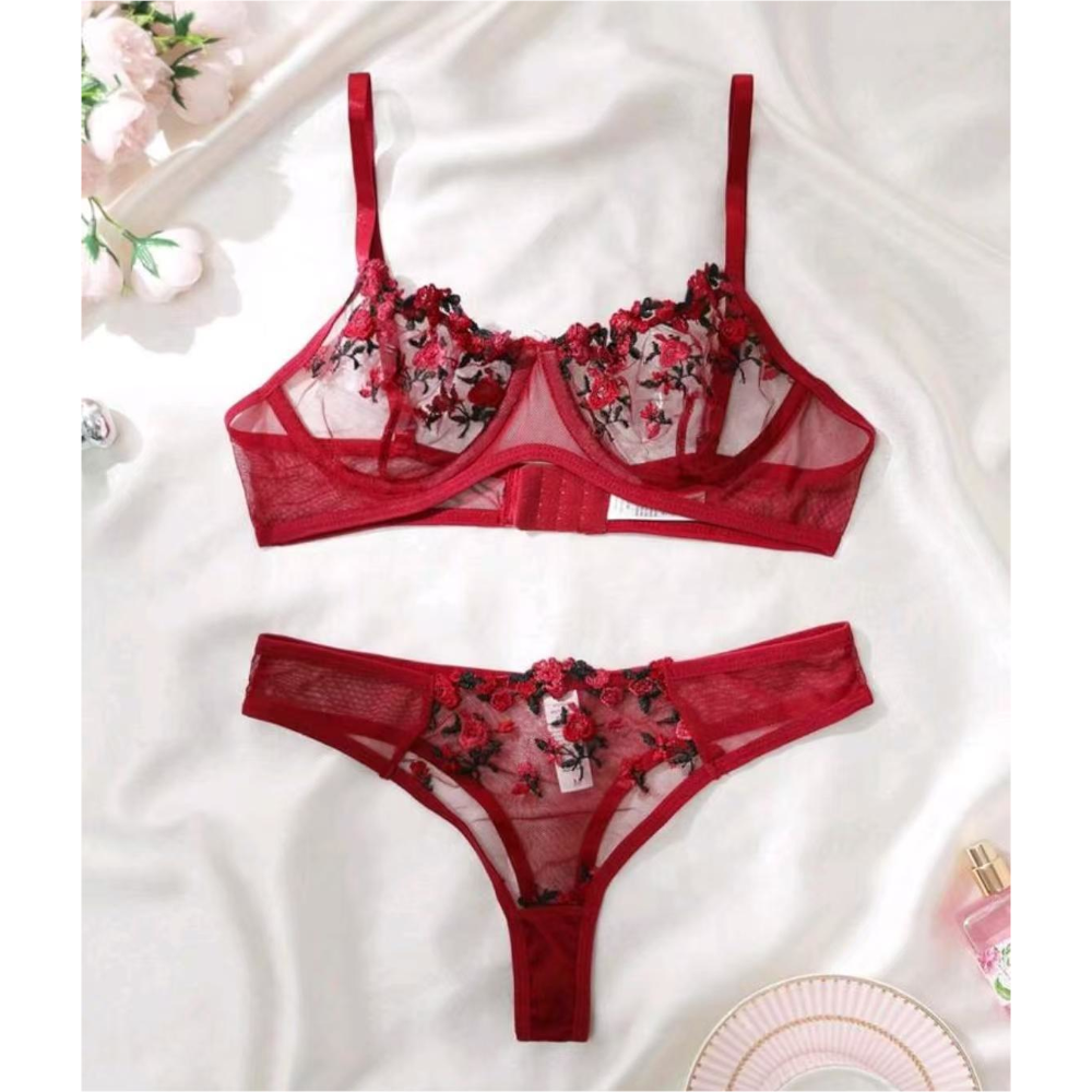 House Of Dasein Women's Intimates Sweet And Sexy Low Waist Floral Embroidery Mesh Transparent Lingerie Two-Piece Set - Wine Red - L