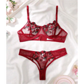 House Of Dasein Women's Intimates Sweet And Sexy Low Waist Floral Embroidery Mesh Transparent Lingerie Two-Piece Set - Wine Red - L
