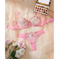House Of Dasein Women's Intimates Sweet And Sexy Low Waist Floral Embroidery Mesh Transparent Lingerie Two-Piece Set - Pink - Xl