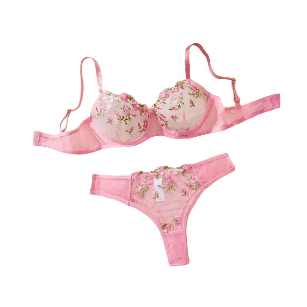 House Of Dasein Women's Intimates Sweet And Sexy Low Waist Floral Embroidery Mesh Transparent Lingerie Two-Piece Set - Pink - L