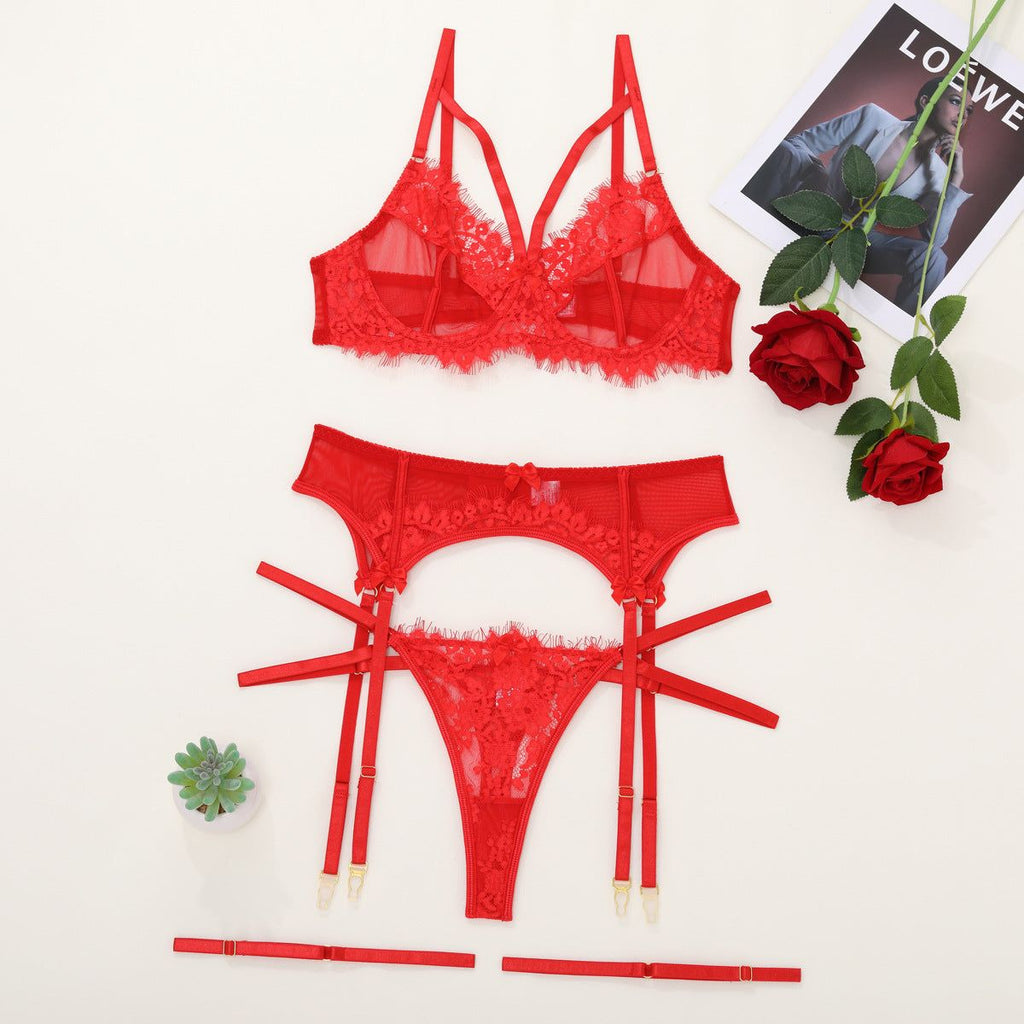 House Of Dasein Women's Lace Temptation Perspective Eyelash Strap Body Shaping Fun Underwear - Red - S
