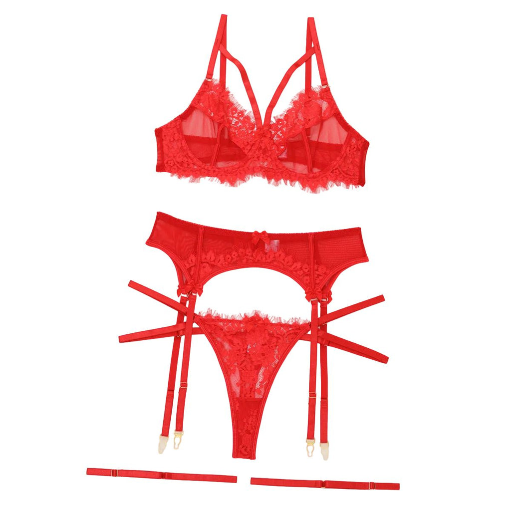 House Of Dasein Women's Lace Temptation Perspective Eyelash Strap Body Shaping Fun Underwear - Red - S