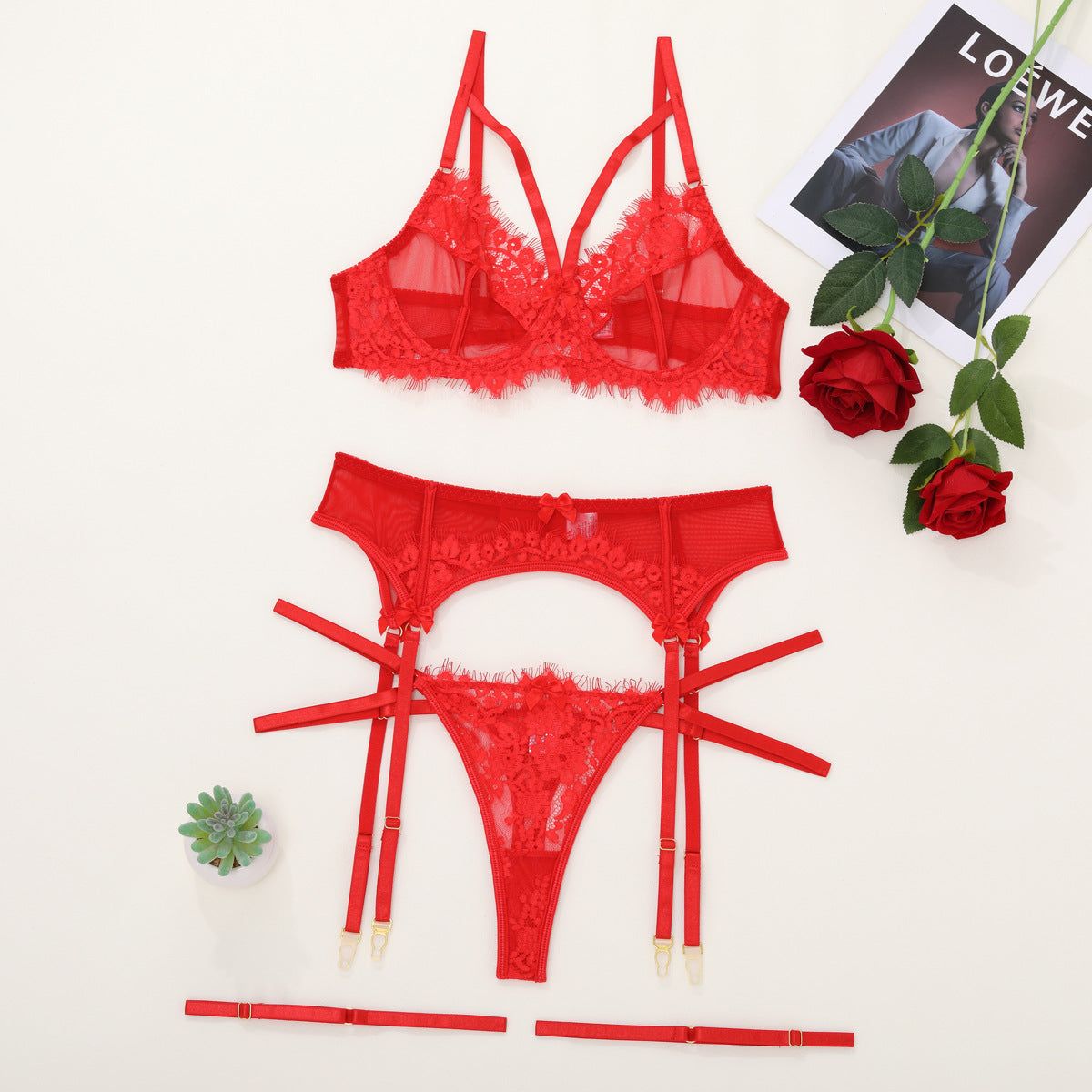 House Of Dasein Women's Lace Temptation Perspective Eyelash Strap Body Shaping Fun Underwear - Red - Xl