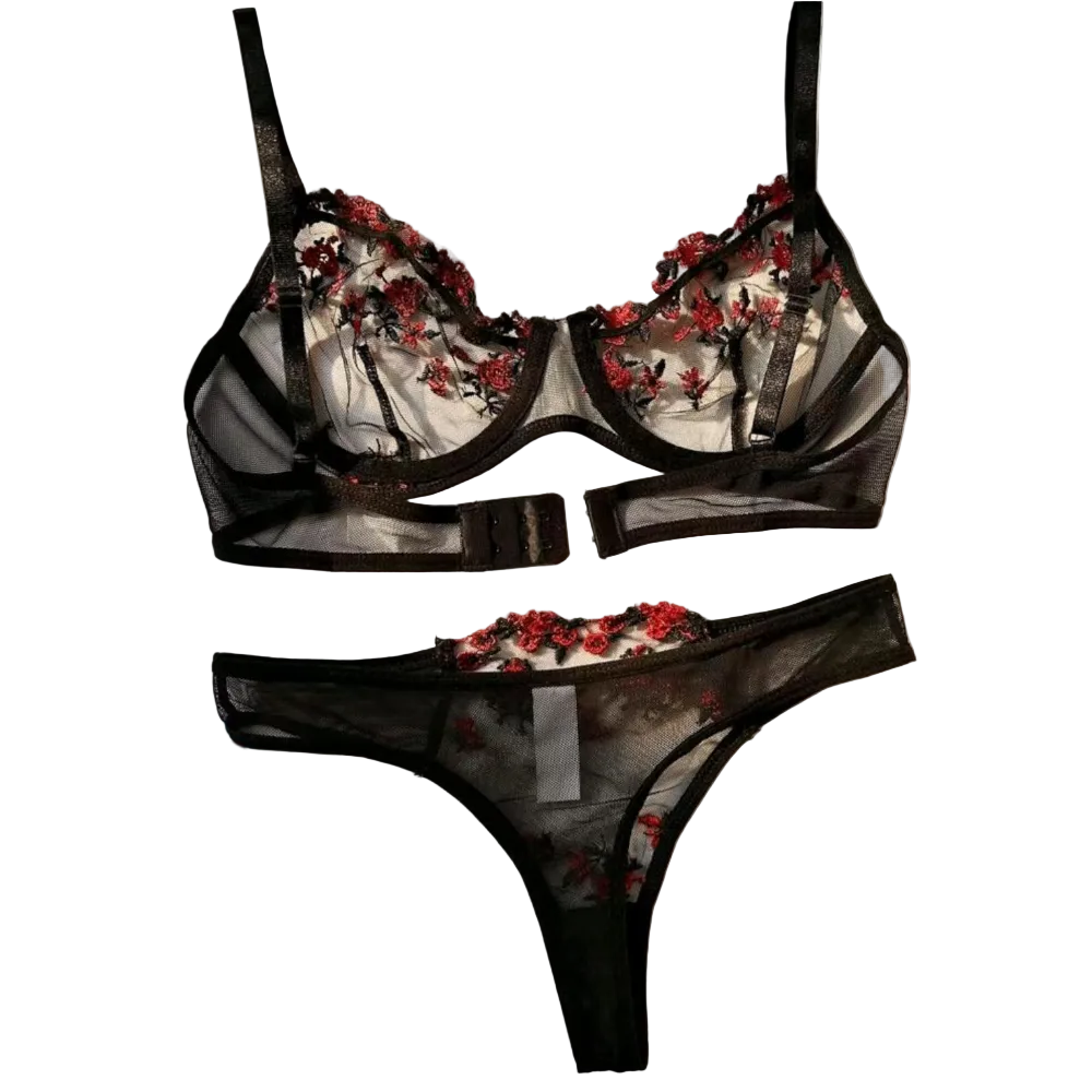 House Of Dasein Women's Intimates Sweet And Sexy Low Waist Floral Embroidery Mesh Transparent Lingerie Two-Piece Set - Black - Xl