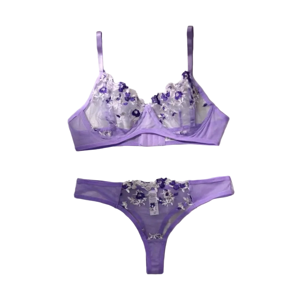 House Of Dasein Women's Intimates Sweet And Sexy Low Waist Floral Embroidery Mesh Transparent Lingerie Two-Piece Set - Purple - L