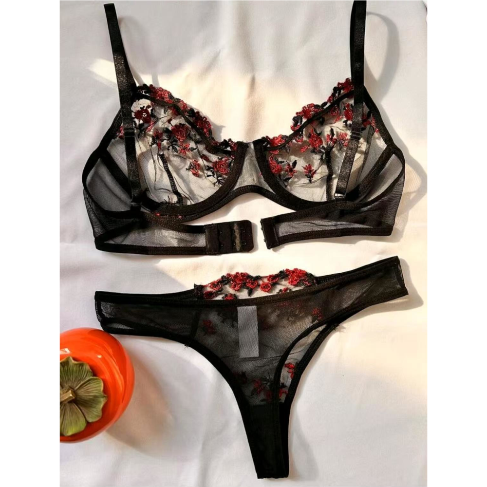 House Of Dasein Women's Intimates Sweet And Sexy Low Waist Floral Embroidery Mesh Transparent Lingerie Two-Piece Set - Black - S