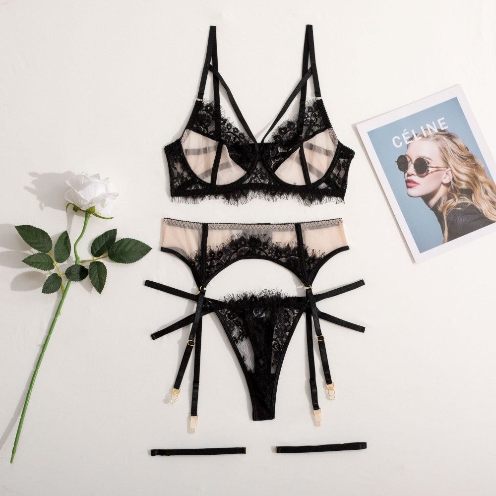 House Of Dasein Women's Lace Temptation Perspective Eyelash Strap Body Shaping Fun Underwear - Black Contrast Skin - L