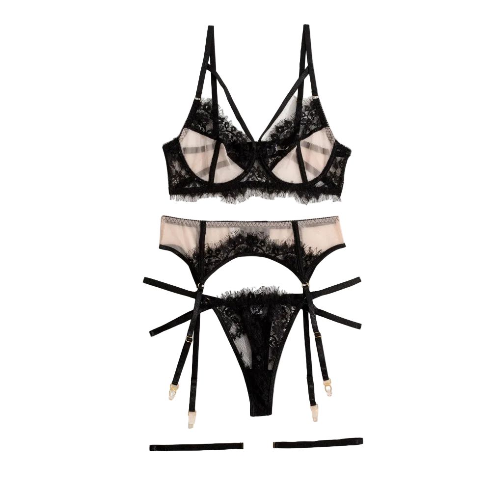 House Of Dasein Women's Lace Temptation Perspective Eyelash Strap Body Shaping Fun Underwear - Black Contrast Skin - L