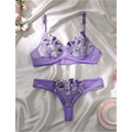 House Of Dasein Women's Intimates Sweet And Sexy Low Waist Floral Embroidery Mesh Transparent Lingerie Two-Piece Set - Purple - S