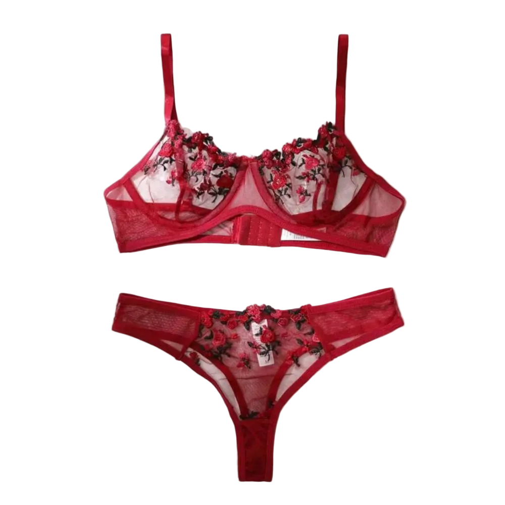 House Of Dasein Women's Intimates Sweet And Sexy Low Waist Floral Embroidery Mesh Transparent Lingerie Two-Piece Set - Wine Red - M