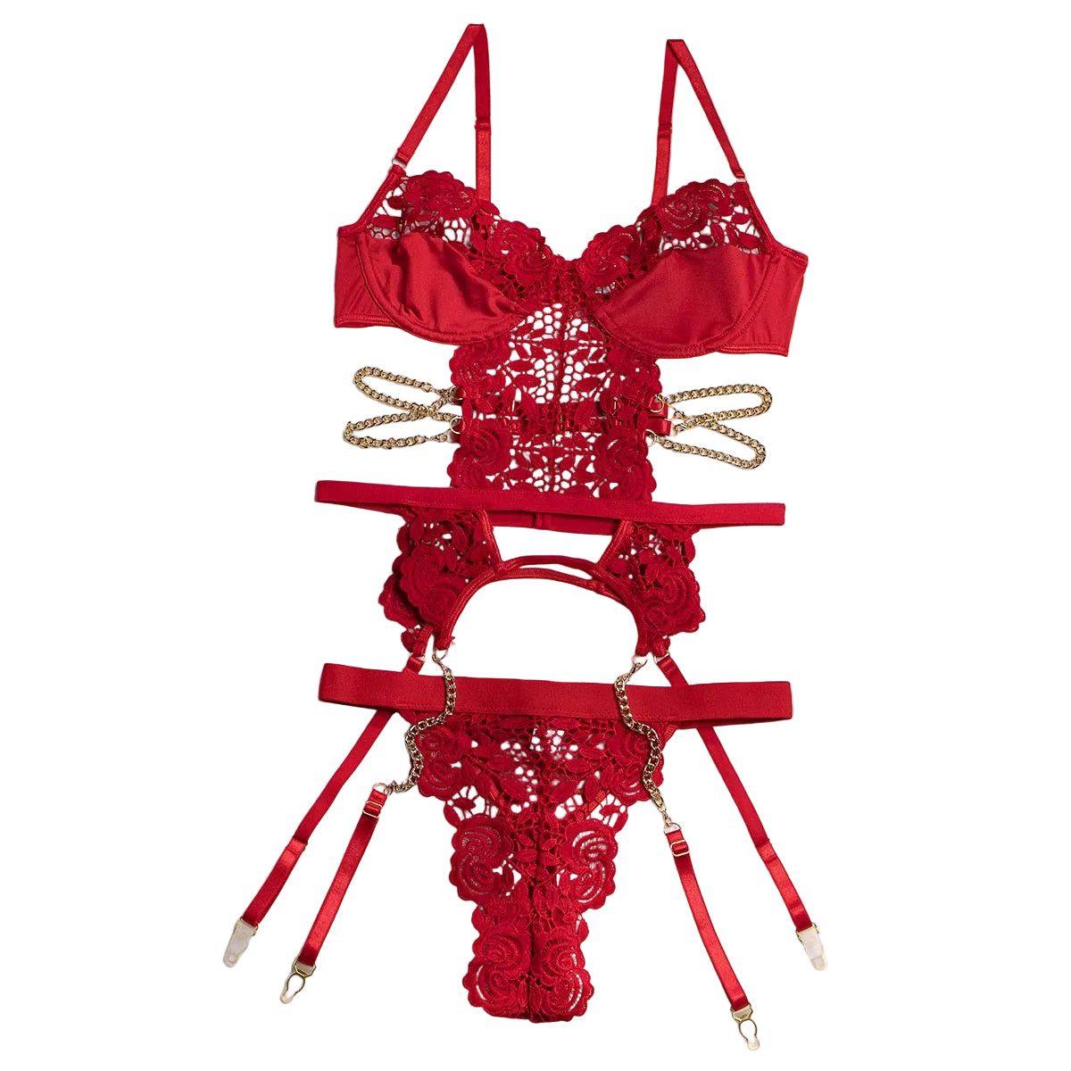 House Of Dasein Sexy Two Piece Lingerie Set For Women Hollow Back Lace Design - Red - M