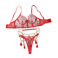 House Of Dasein Flower Embroidery Spliced Mesh Metal Chain Tassel Waistband Fun Four Piece Set - Red - S