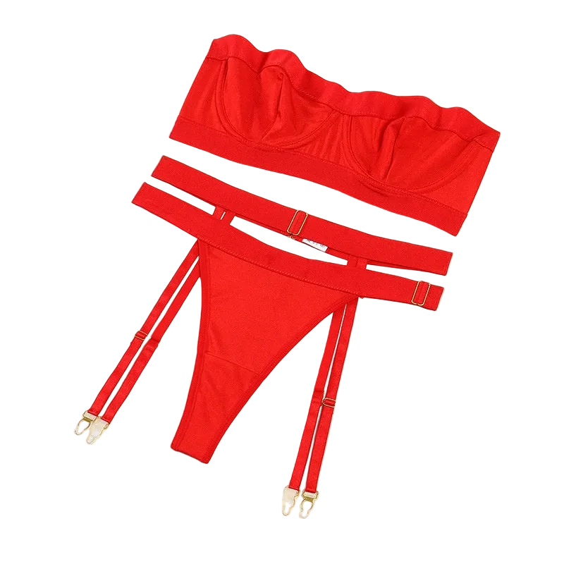 House Of Dasein Sexy Solid Color Zipper Strapless Waist Closure Lingerie Three Piece Set - Red - L