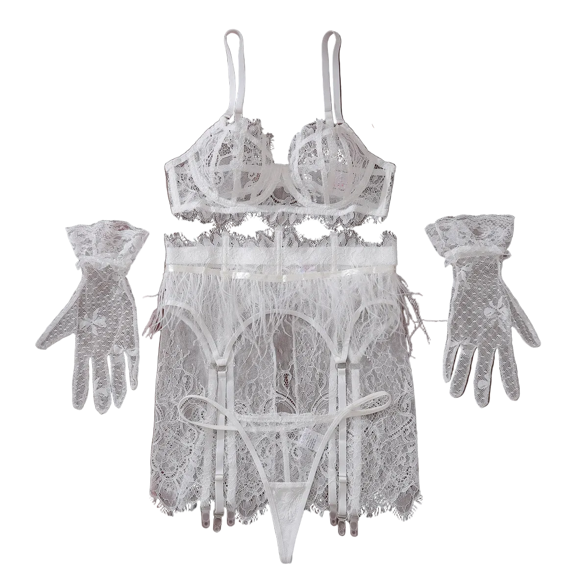 House Of Dasein Lace Splicing Perspective Bra Set - White - S