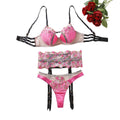 House Of Dasein Sexy Mesh Perspective Embroidery Flower Gathering Fun Underwear 3-Piece Set - Black Pink - S