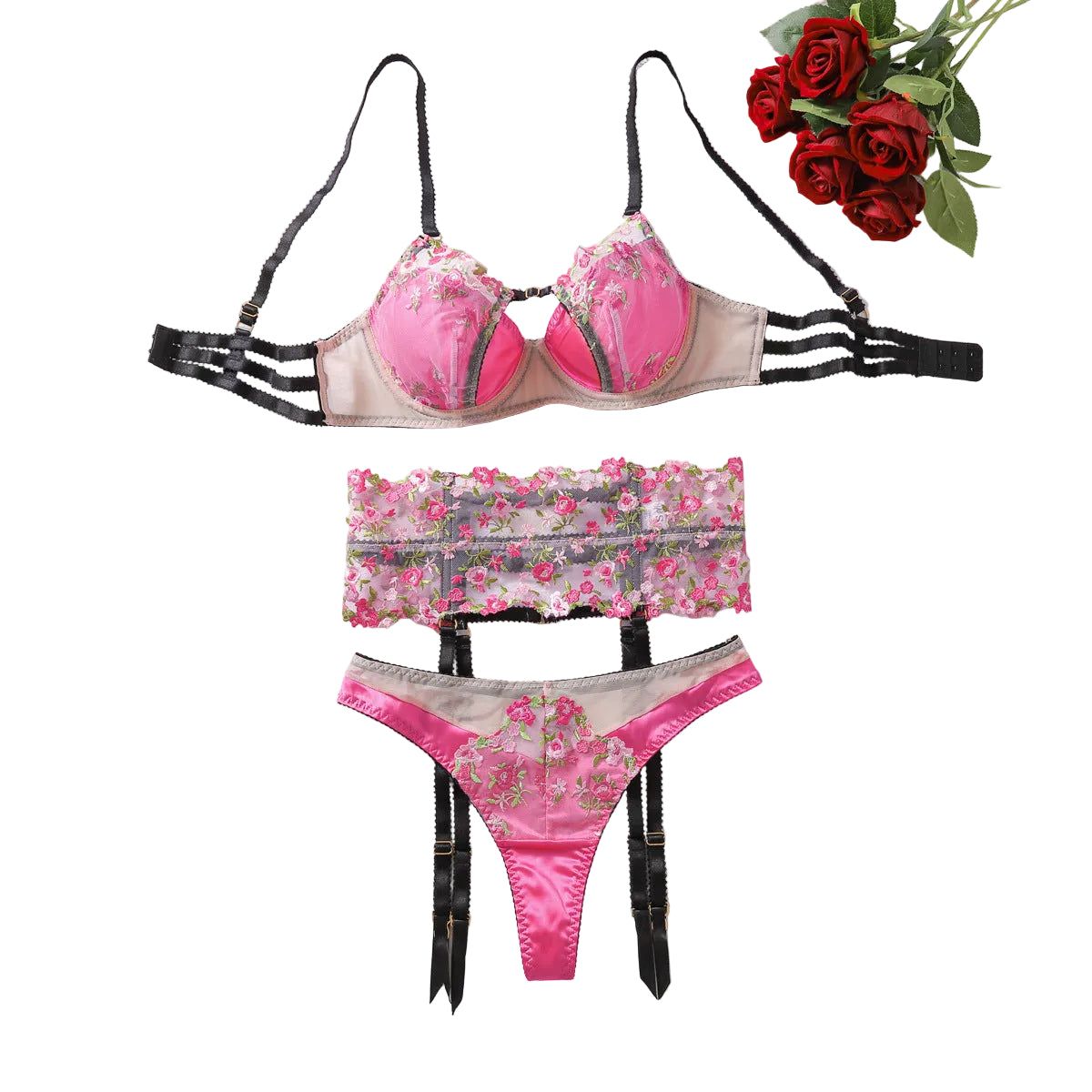 House Of Dasein Sexy Mesh Perspective Embroidery Flower Gathering Fun Underwear 3-Piece Set - Black Pink - S