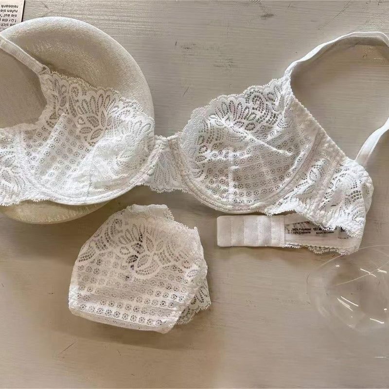 Ultra Thin Lace Bra Set Without Sponge Large Chest Looks Small Sexy - White - S