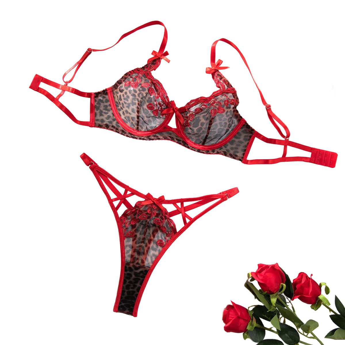 House Of Dasein Sexy Leopard Print Red Embroidered Cherry Thin Push-Up Bow Bra Women's Two-Piece Set - Red - S