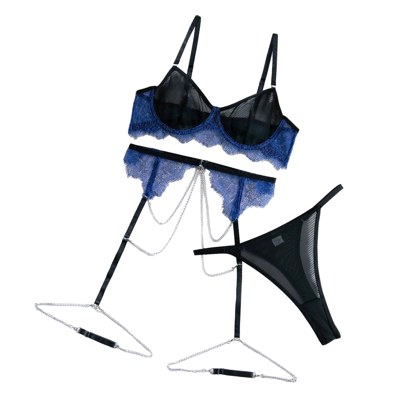 House Of Dasein Sexy Lingerie Lace Mesh Splicing Contrast Color Gathered Transparent With Chain Three-Piece Set - Black - M
