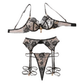 House Of Dasein Perspective Embroidery Sexy Lingerie Garter Belt Leg Ring Three Piece Set With Steel - Black - M