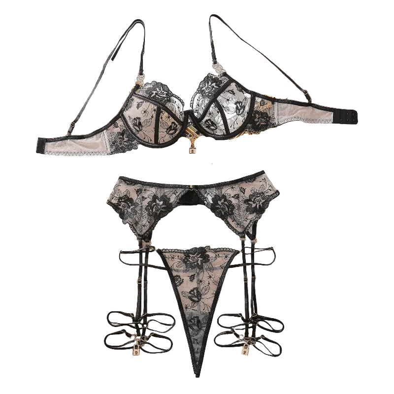 House Of Dasein Perspective Embroidery Sexy Lingerie Garter Belt Leg Ring Three Piece Set With Steel - Black - S