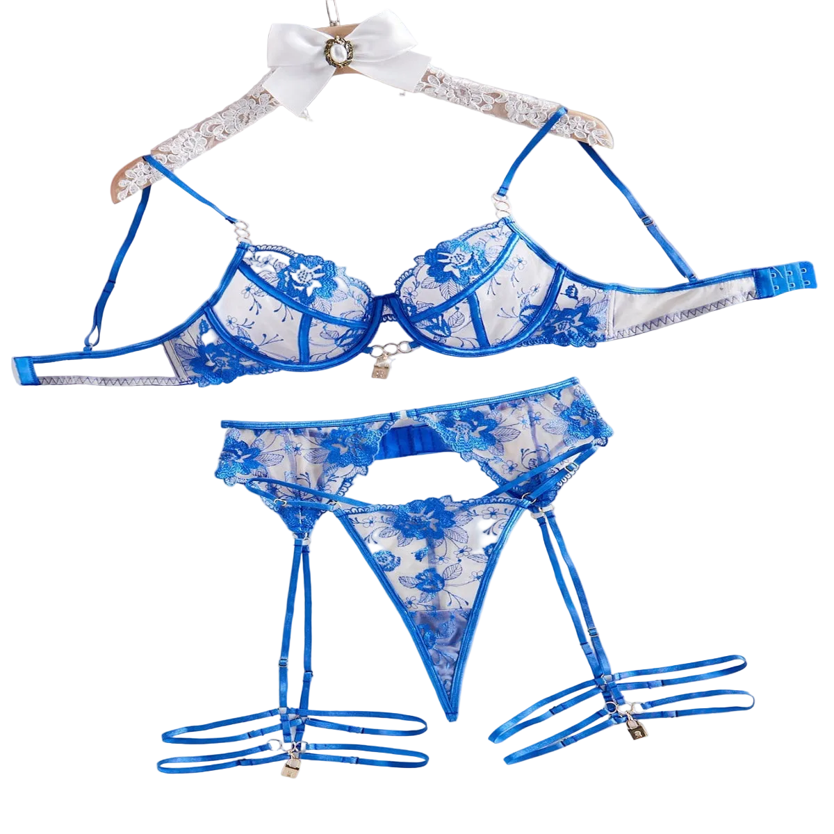House Of Dasein Perspective Embroidery Sexy Lingerie Garter Belt Leg Ring Three Piece Set With Steel - Blue - M