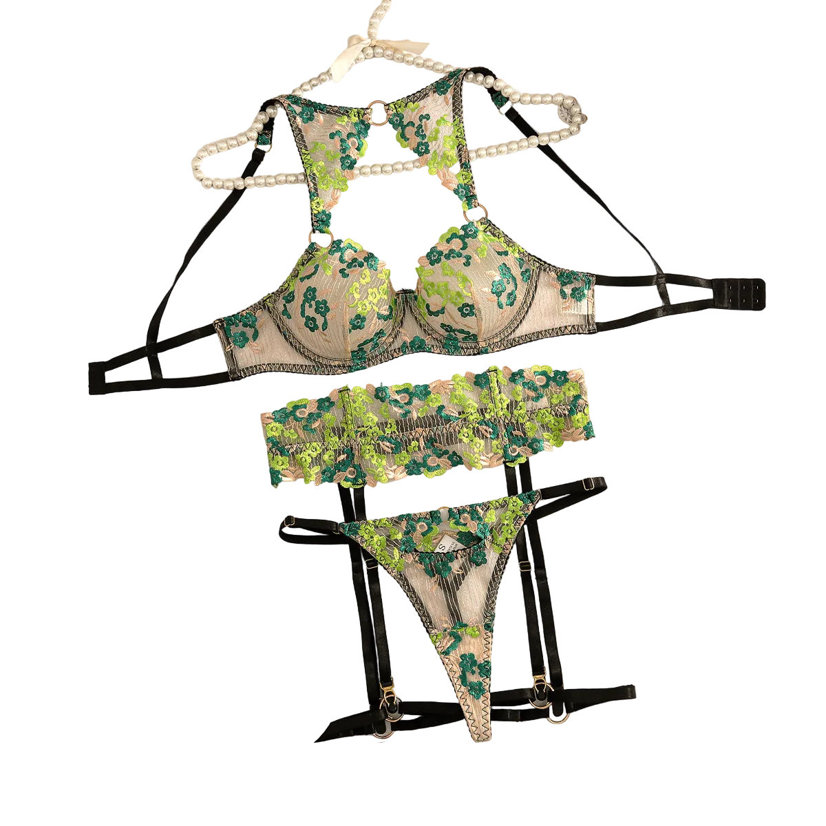 House Of Dasein Floral Embroidery Countryside Style Fun Set Sexy Underwear Four Piece - Black Green - L